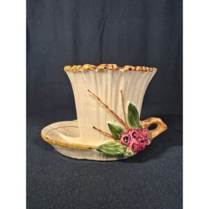 Vtg McCoy USA Pottery Lotus Flower & Berry Planter Cream Pink Berries